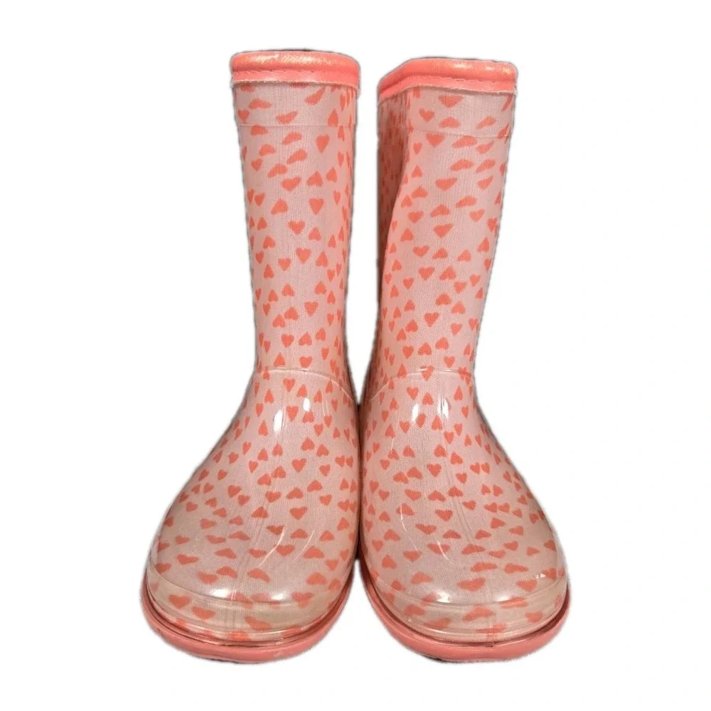Simple Joys by Carters Juju Girls rain boots, Pink‎ w/ pink hearts size 10m used